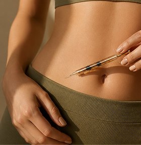 A patient administers a GLP-1 injection into the abdomen with a pen injector