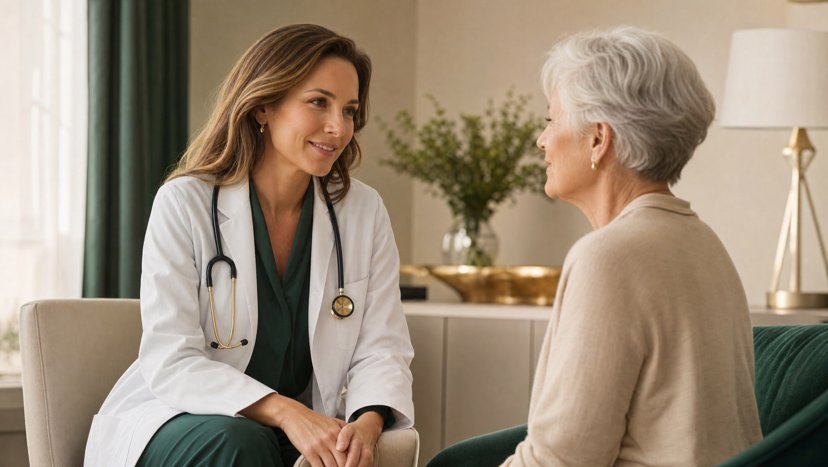 Physician talking with an older woman in a consultation room