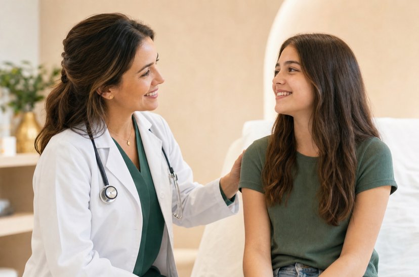 Physician talking with a smiling teenage girl