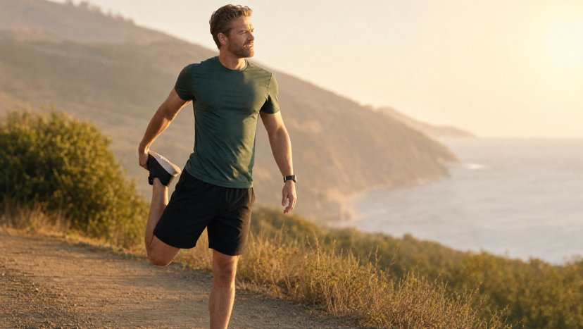 Man stretching on a coastal hiking trail at sunset
