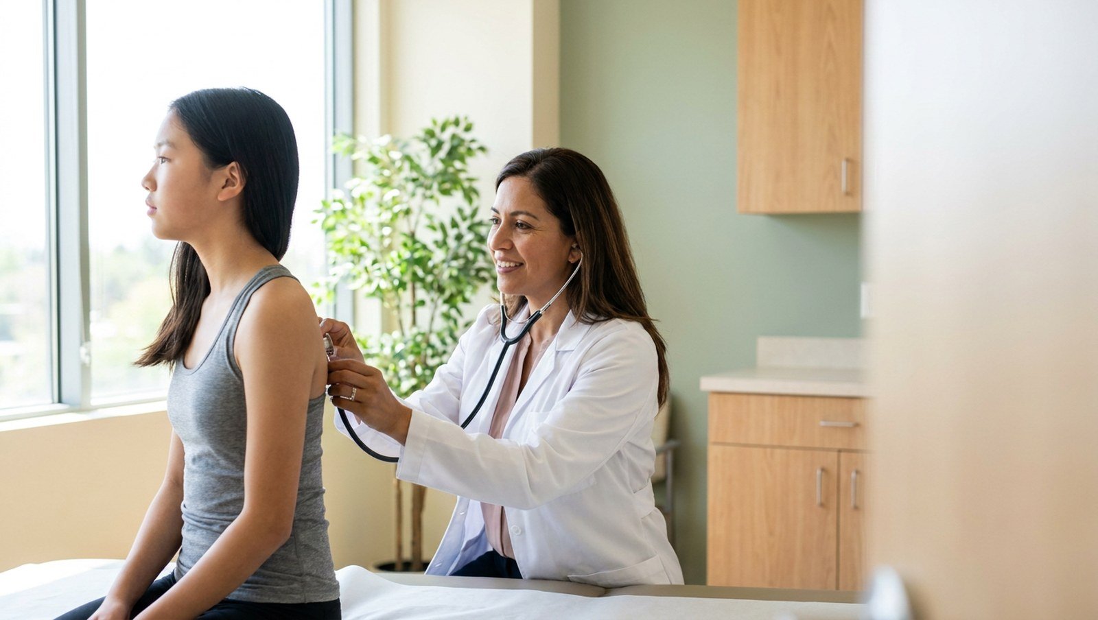 Physician listening to a teenage athlete’s lungs with a stethoscope during a breathing evaluation