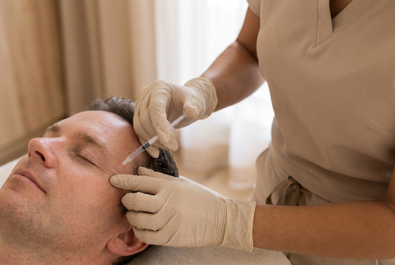 A provider treats the crow’s feet at the outer corner of a patient’s eye