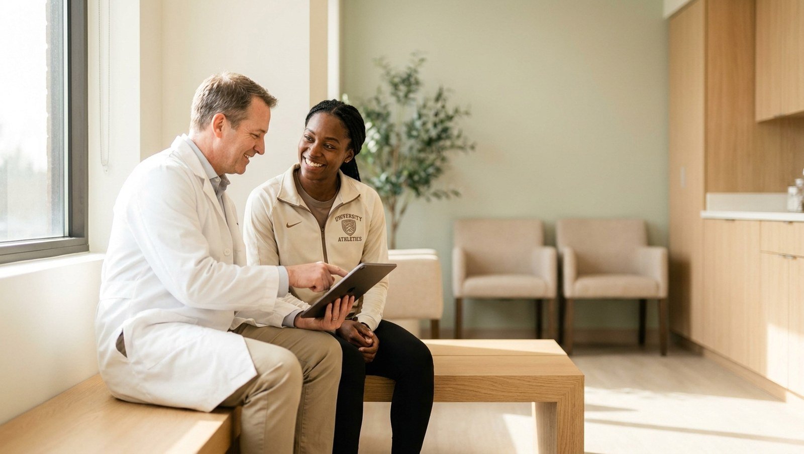 Physician reviewing exam results on a tablet with a college athlete during her sports physical