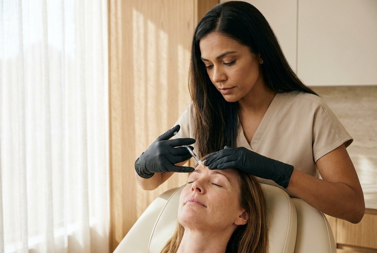 A GENEVA Med provider injects Botox into a reclined patient forehead lines