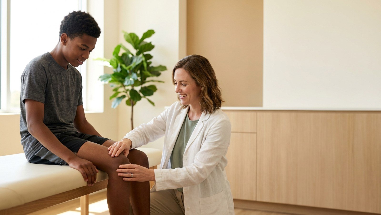 Physician examining a teenage athlete’s knee during a sports physical joint and mobility screening