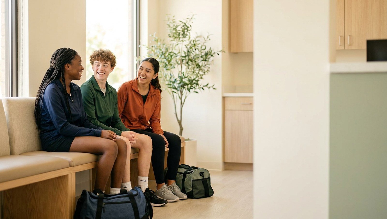 Three teenage athletes in team warm-up jackets waiting together for group sports physicals