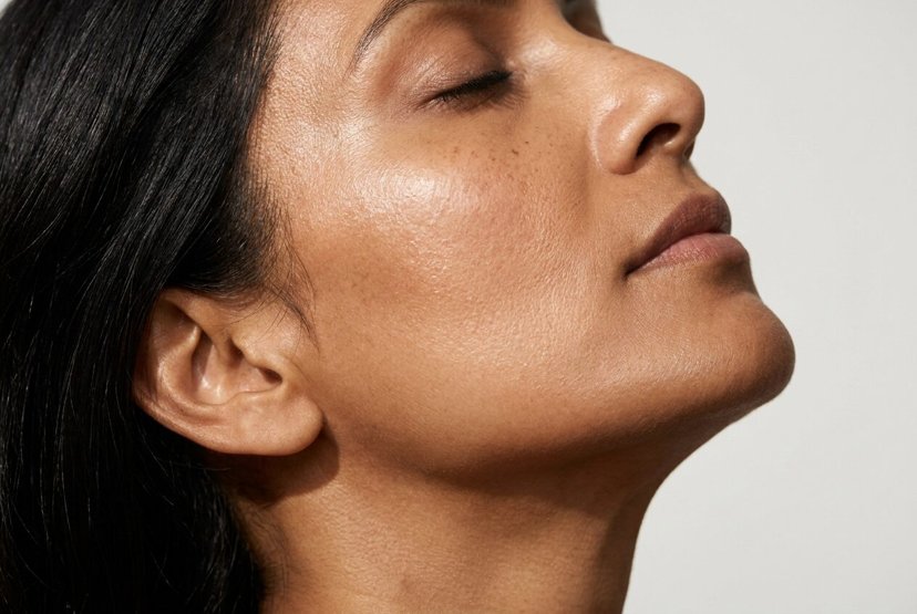 Profile of a woman with her eyes closed, showing her cheek and jawline