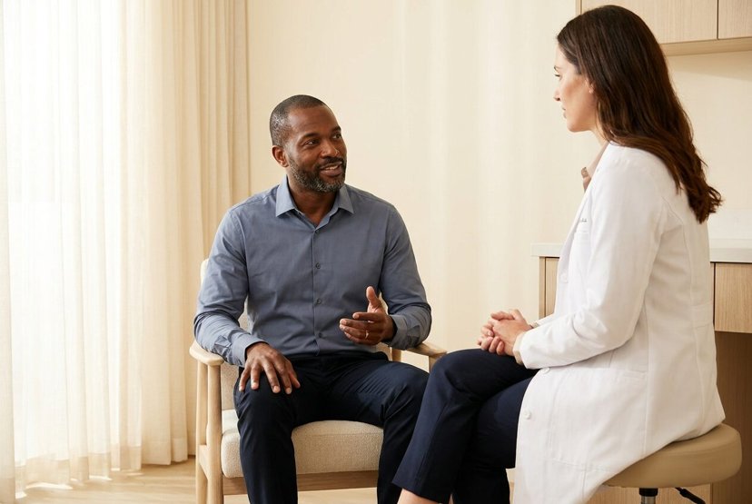 Man talking with a clinician in a bright consultation room