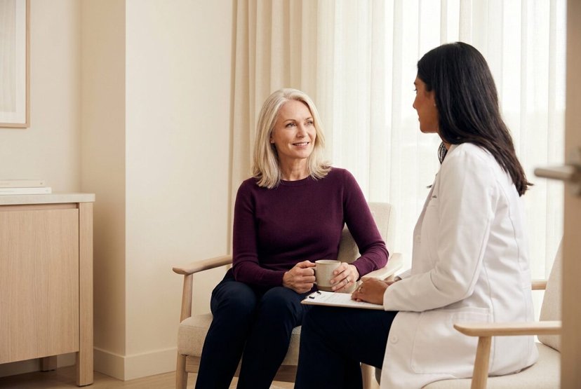 Woman holding a mug while talking with a clinician