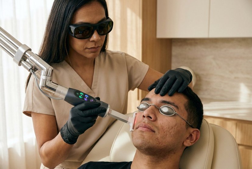 Provider in safety glasses performing a laser treatment for acne scars