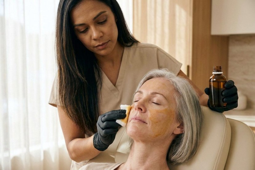Provider applying a chemical peel to an older woman's face