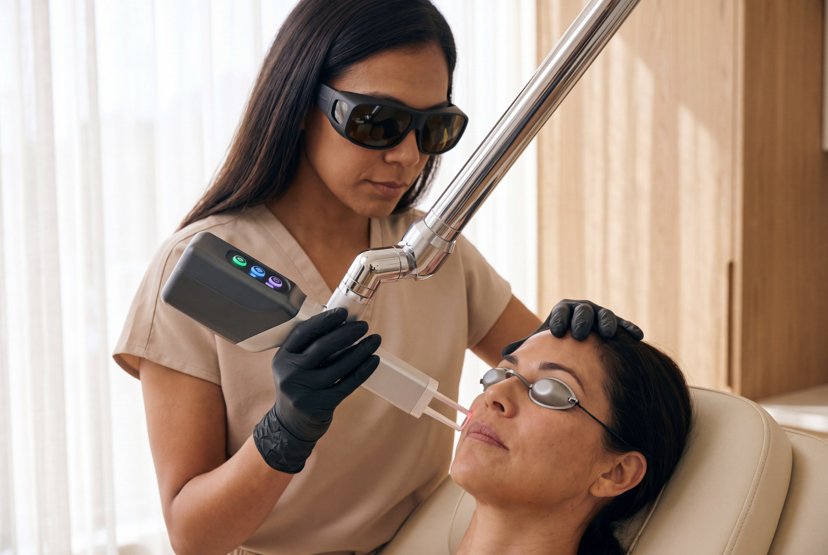 Provider in safety glasses performing laser skin resurfacing