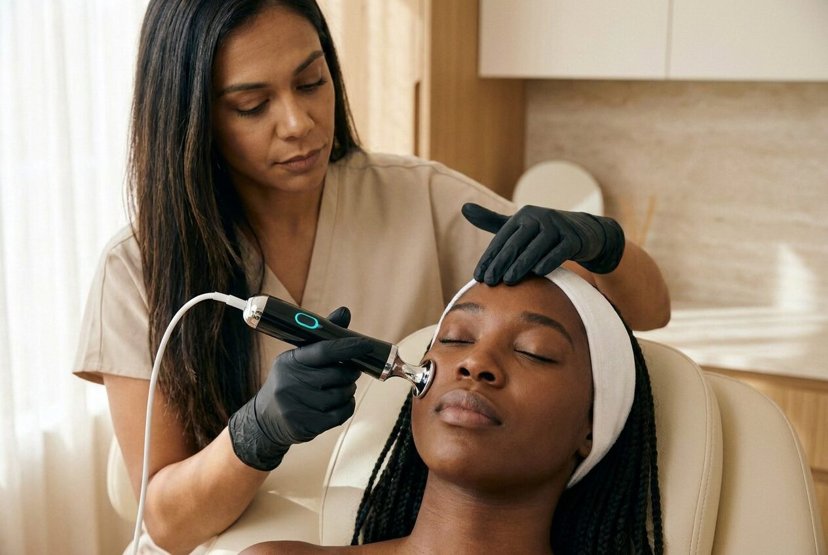 Provider giving a woman a medical facial with a handheld device