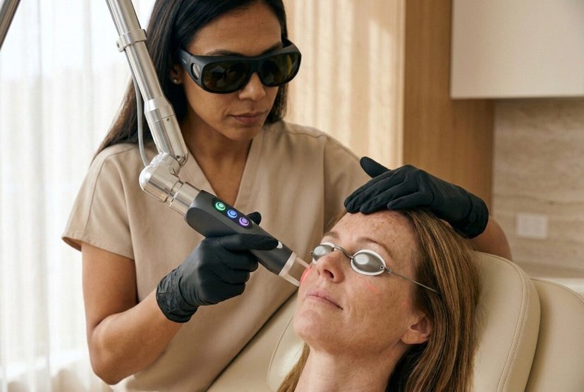 Provider in safety glasses performing a laser treatment for pigmentation