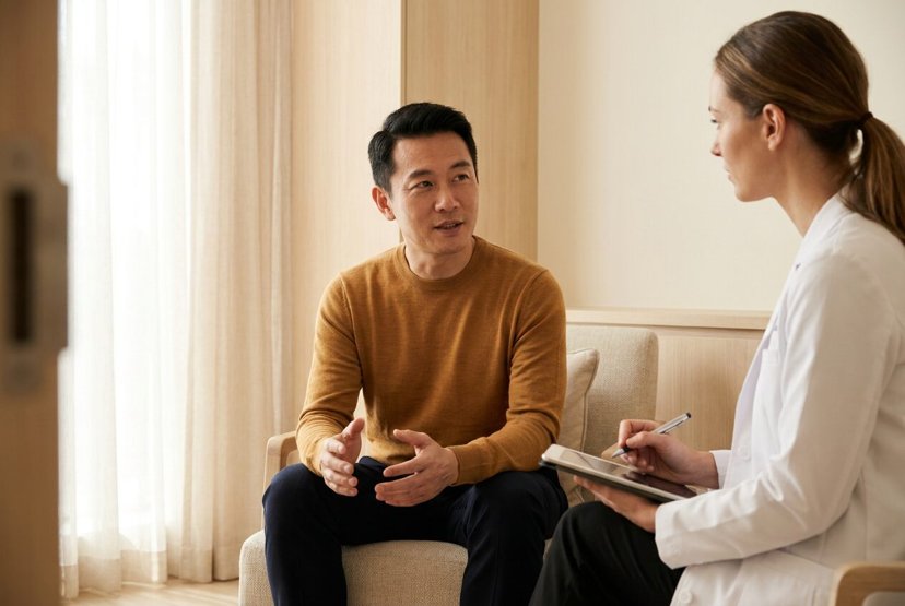Man in a mustard sweater talking with a clinician taking notes