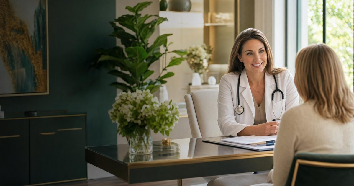 Physician smiling across a desk at a patient