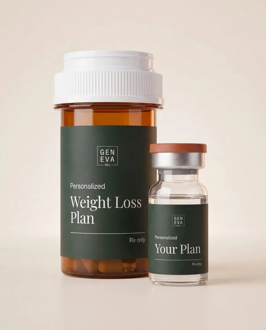 A GENEVA prescription bottle and vial labeled Personalized Weight Loss Plan
